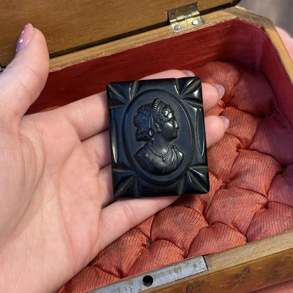 Large Vintage Black Mourning Cameo Goth Antique Brooch